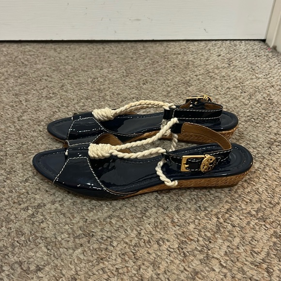 Tory Burch Shoes - Tory Burch Navy Patent Leather Rope Strap Sandals with Gold Logo